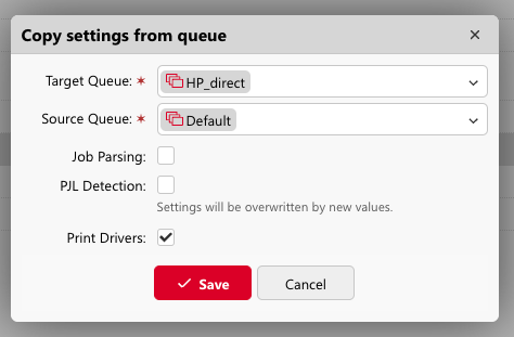 copy settings from queue dialog