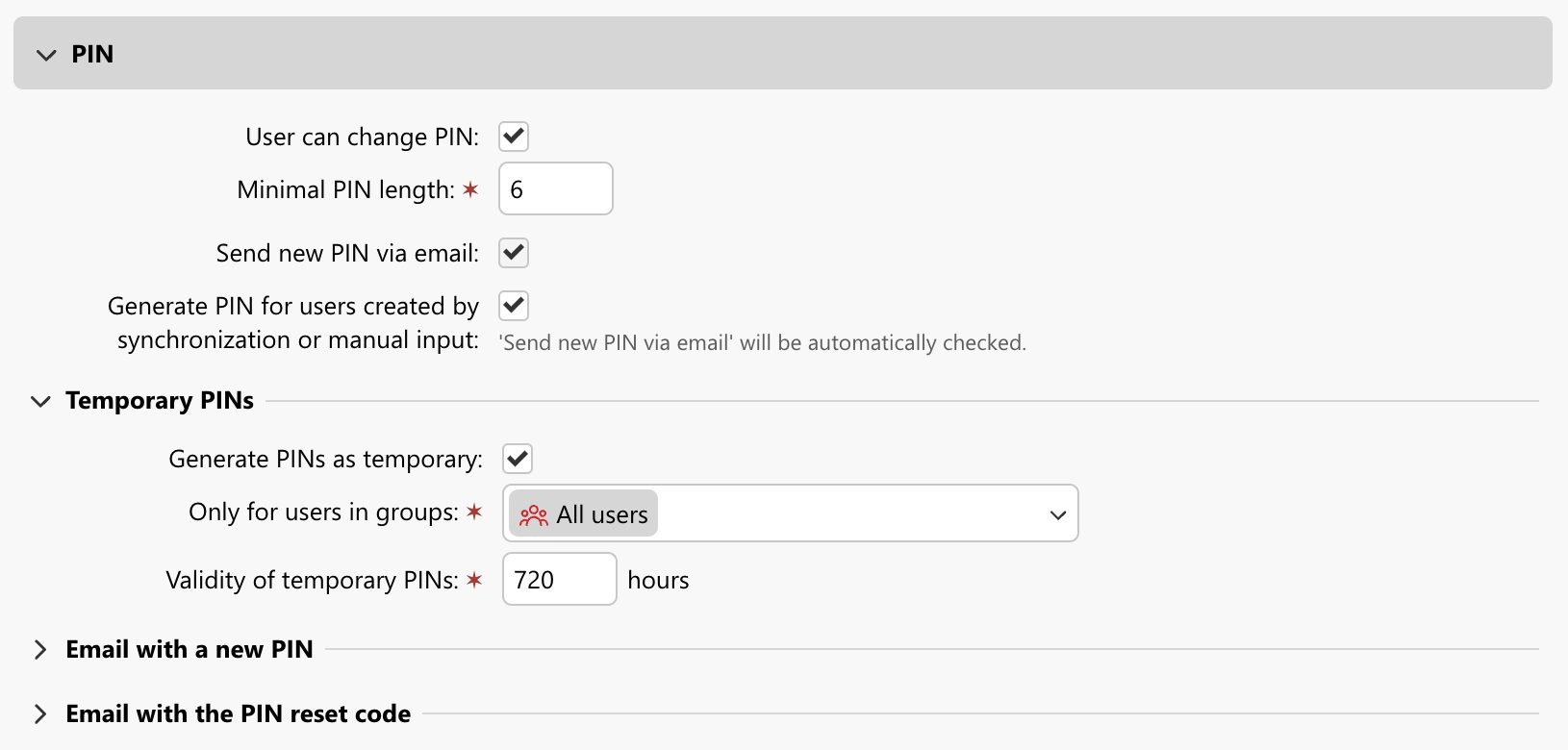 Options related to PIN codes