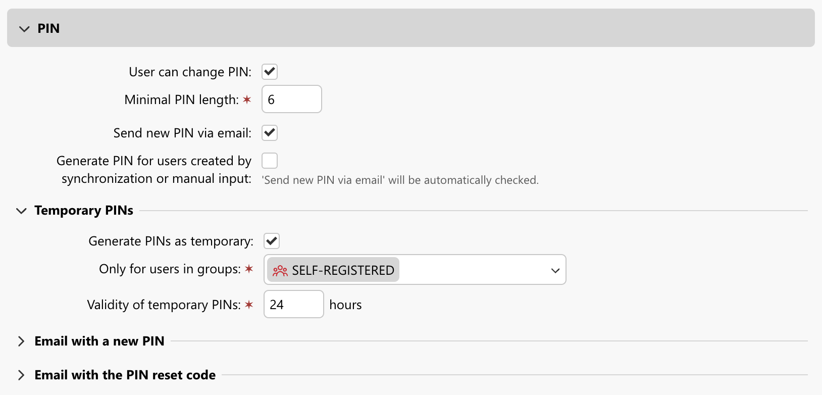 PIN setup menu