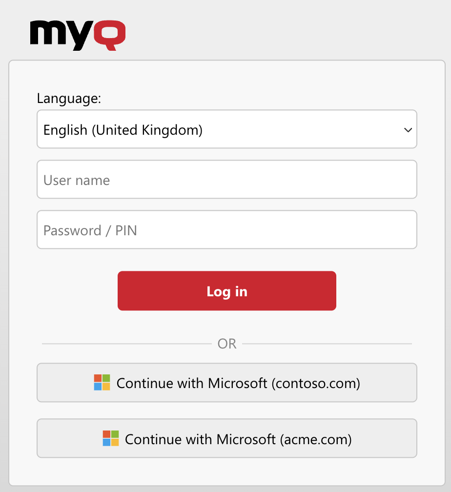 MyQ Web Interface login screen