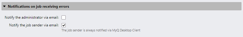 Notifications on job receiving errors settings
