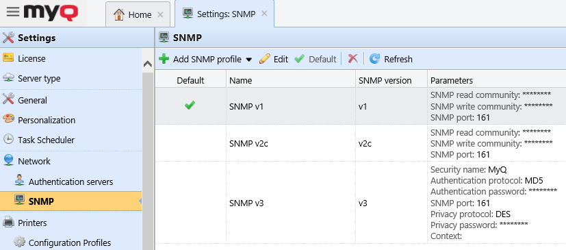 SNMP settings tab