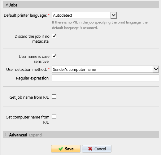 User detection method and other settings in the queue properties panel