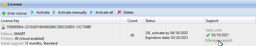 Manage support licenses