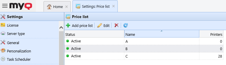 Price List settings tab