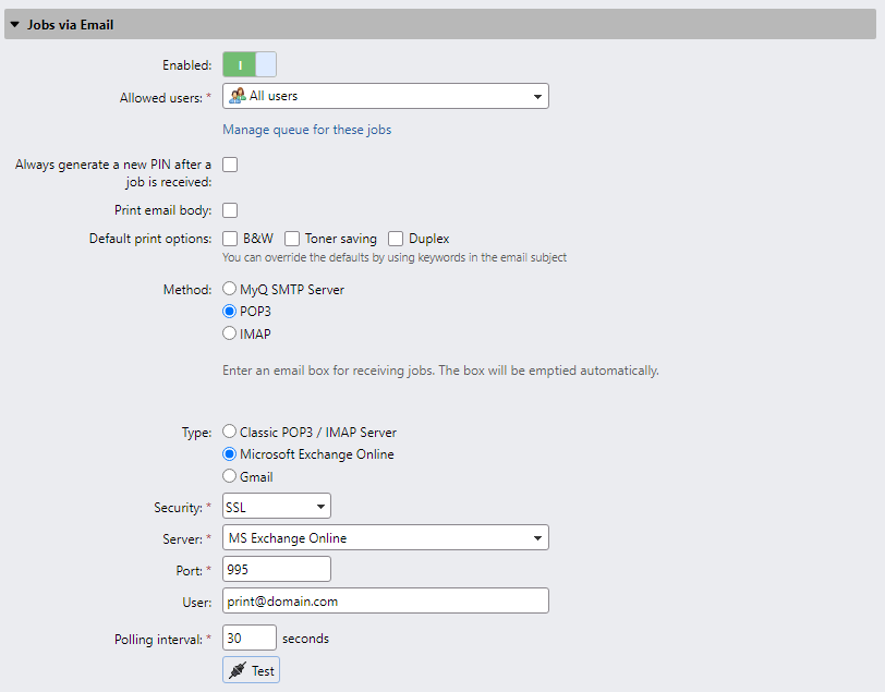 Microsoft Exchange settings for POP3