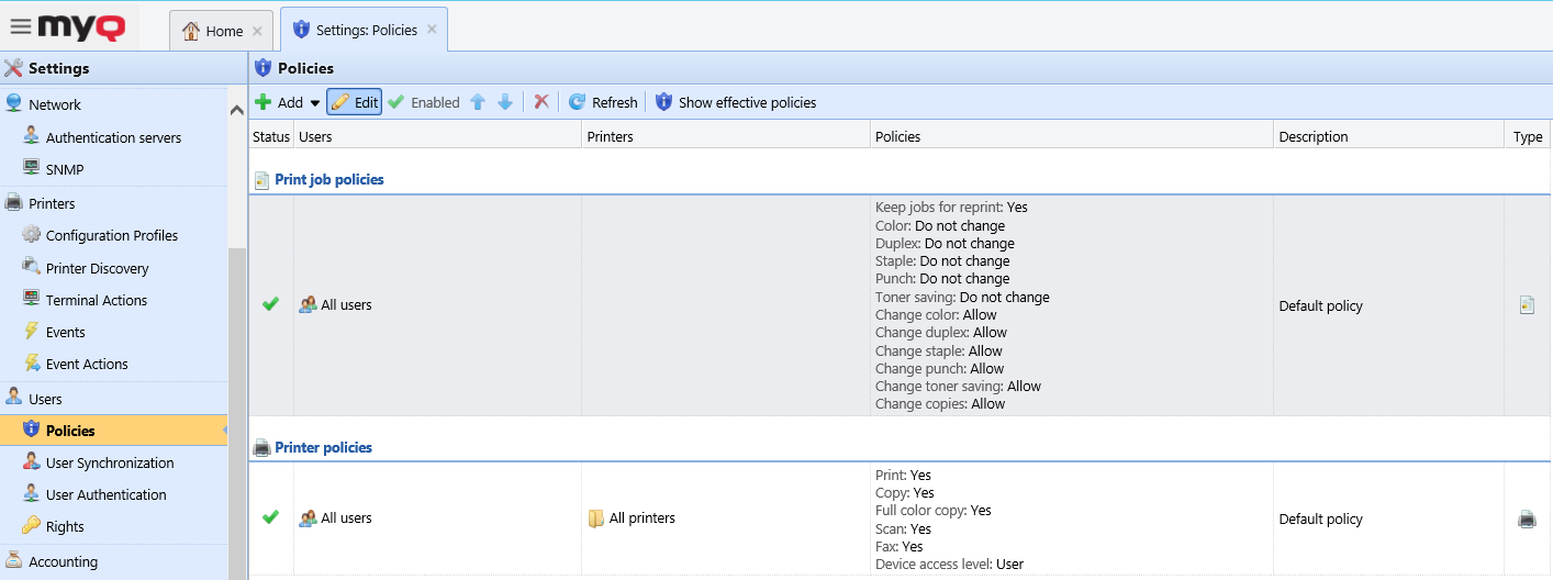 Policies settings tab