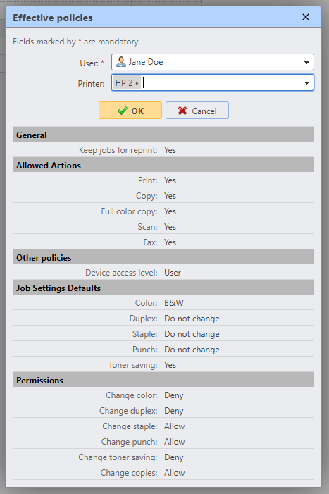 show effective policies dialog box