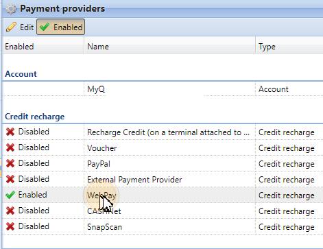 Opening the WebPay properties panel