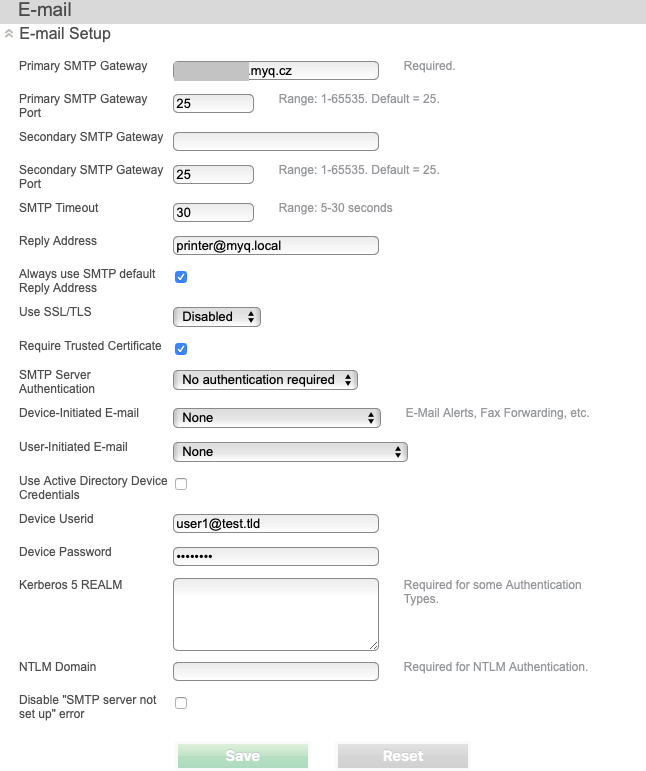 Email settings on the device admin menu