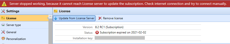 Subscription expired and cannot connect to License server to prolong alert banner