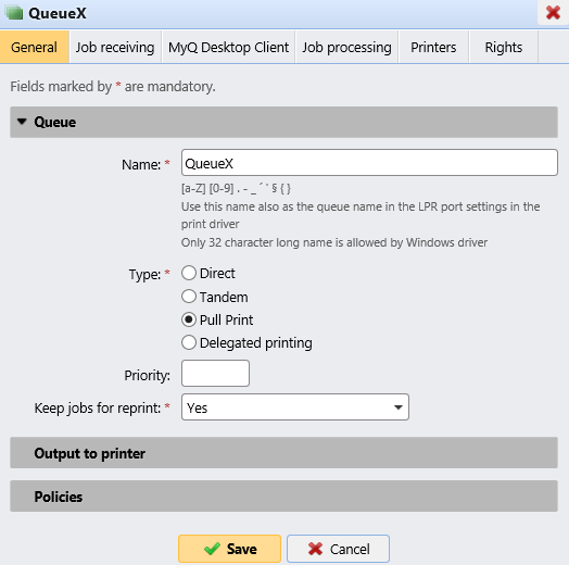 Queue properties panel