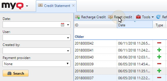 Opening the Reset Credit tab