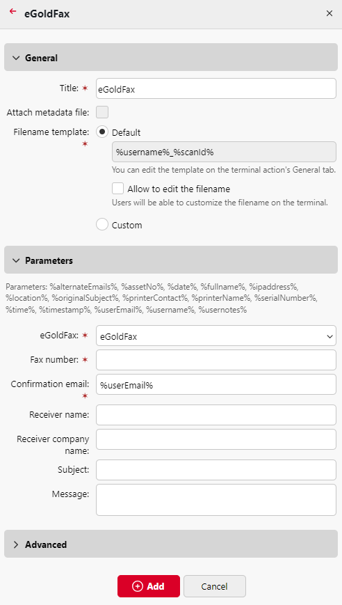 eGoldFax Destination settings