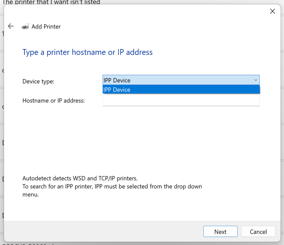 Add printer dialogue (using a hostname or IP)