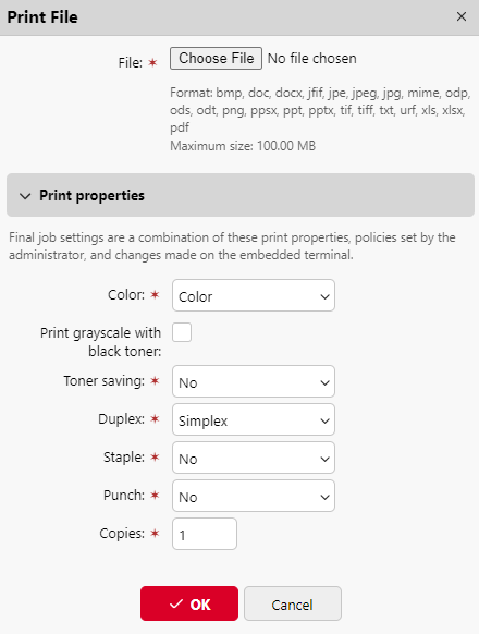 Choosing the file and its properties