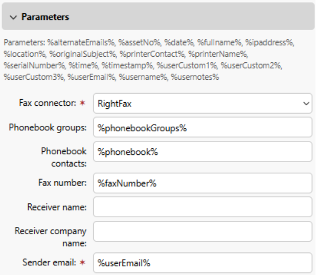 RightFax destination parameters.