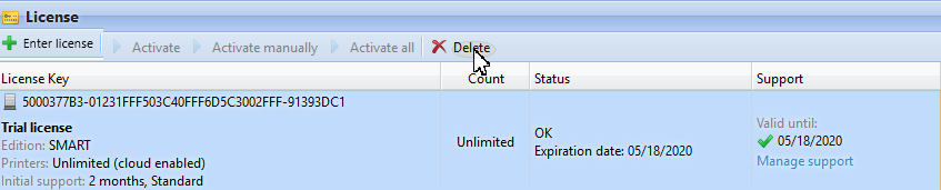 Deleting a license