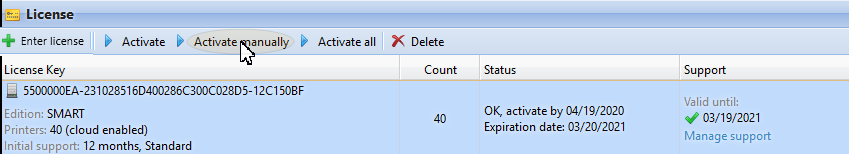 Manually activating a license