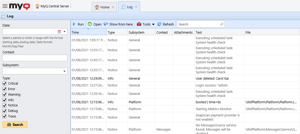 MyQ Central Server Log