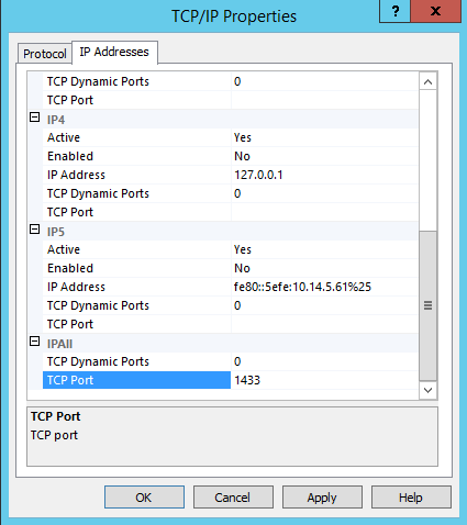 Setting the TCP IP port to 1433