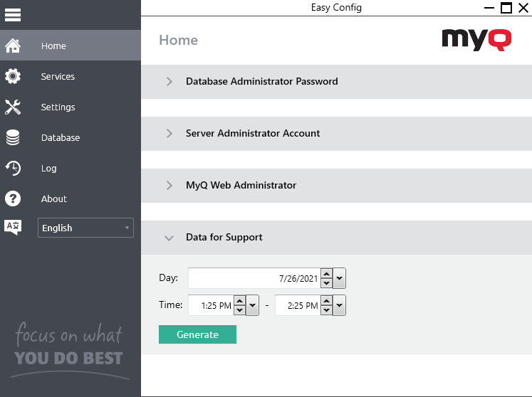 Generating data for support in MyQ Central Easy Config