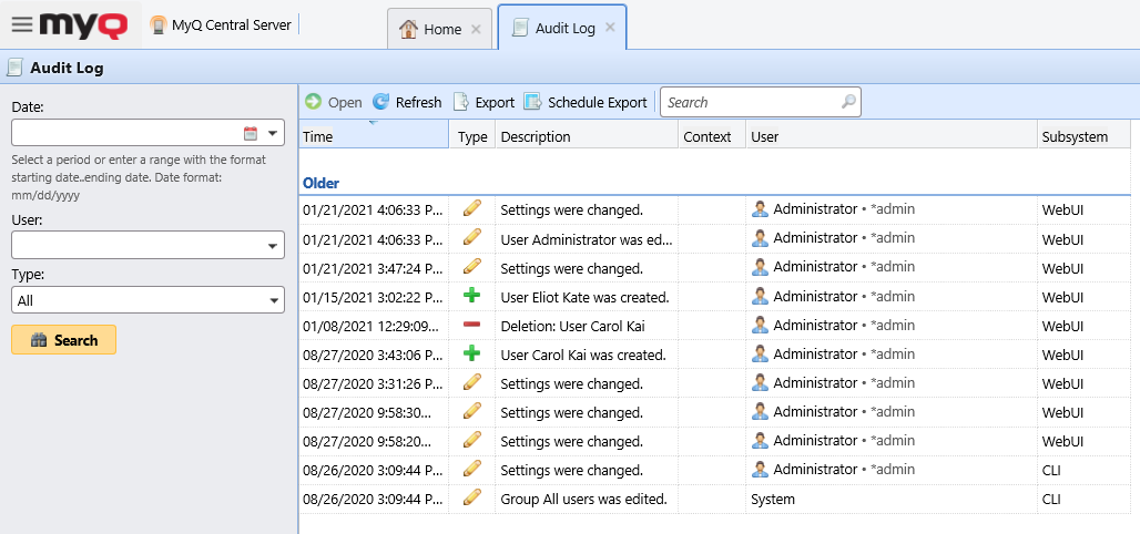 MyQ Central Server Audit Log