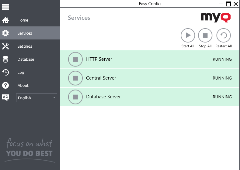 MyQ Central Easy Config - Services tab