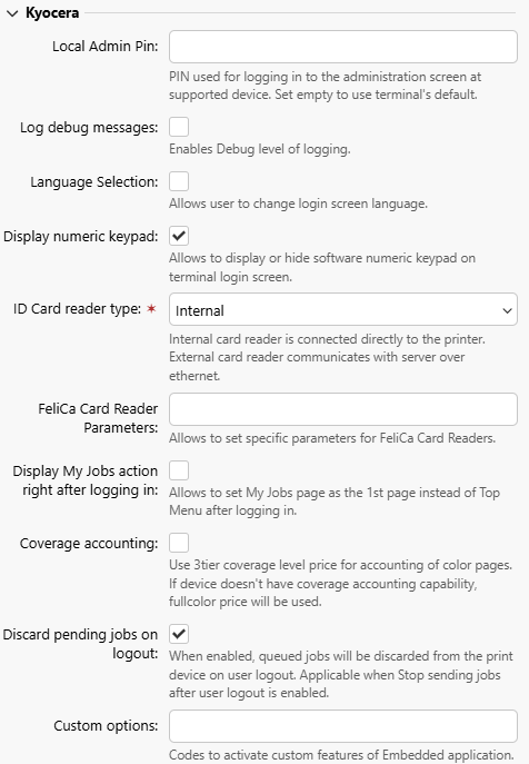 Vendor-specific options that are installed on Print Server with the Kyosera package.