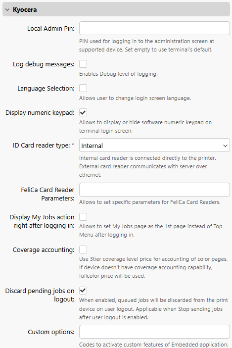 Vendor-specific options that are installed on Print Server with the Kyosera package.