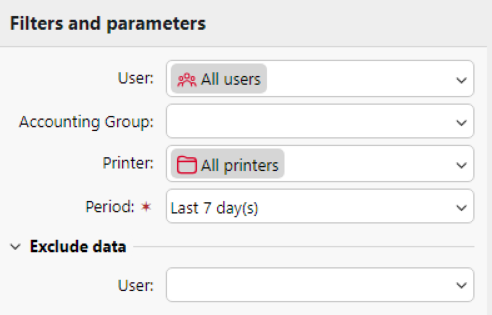 Filters and parameters on the Design sub-tab of the report's editing panel
