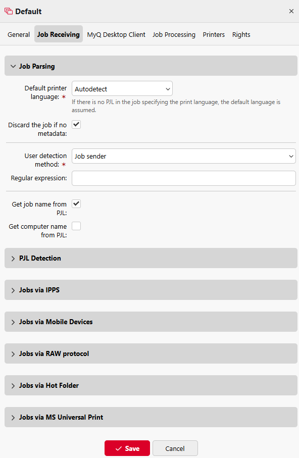 Job receiving settings.