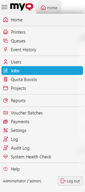 Web Interface Main Menu with Administrator Rights