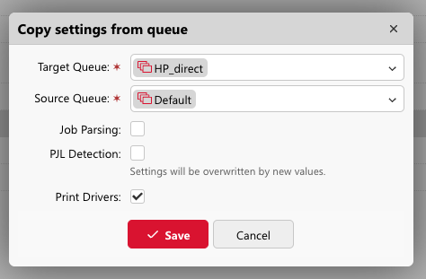 Copy settings from queue
