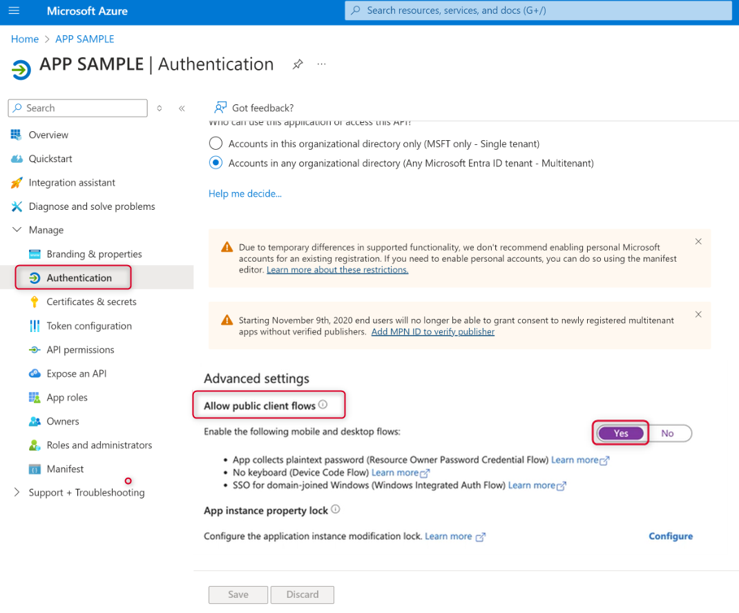 Microsoft Azure app configuration in Authentication, Advanced settings with the Allow public client flows options set to Yes.