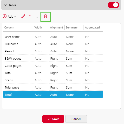 Deleting a column from a table