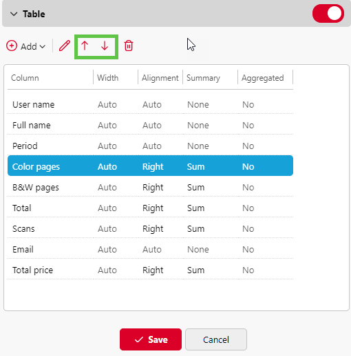 Changing the column order in the table