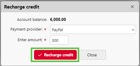 Selecting the payment provider and the amount for credit recharge