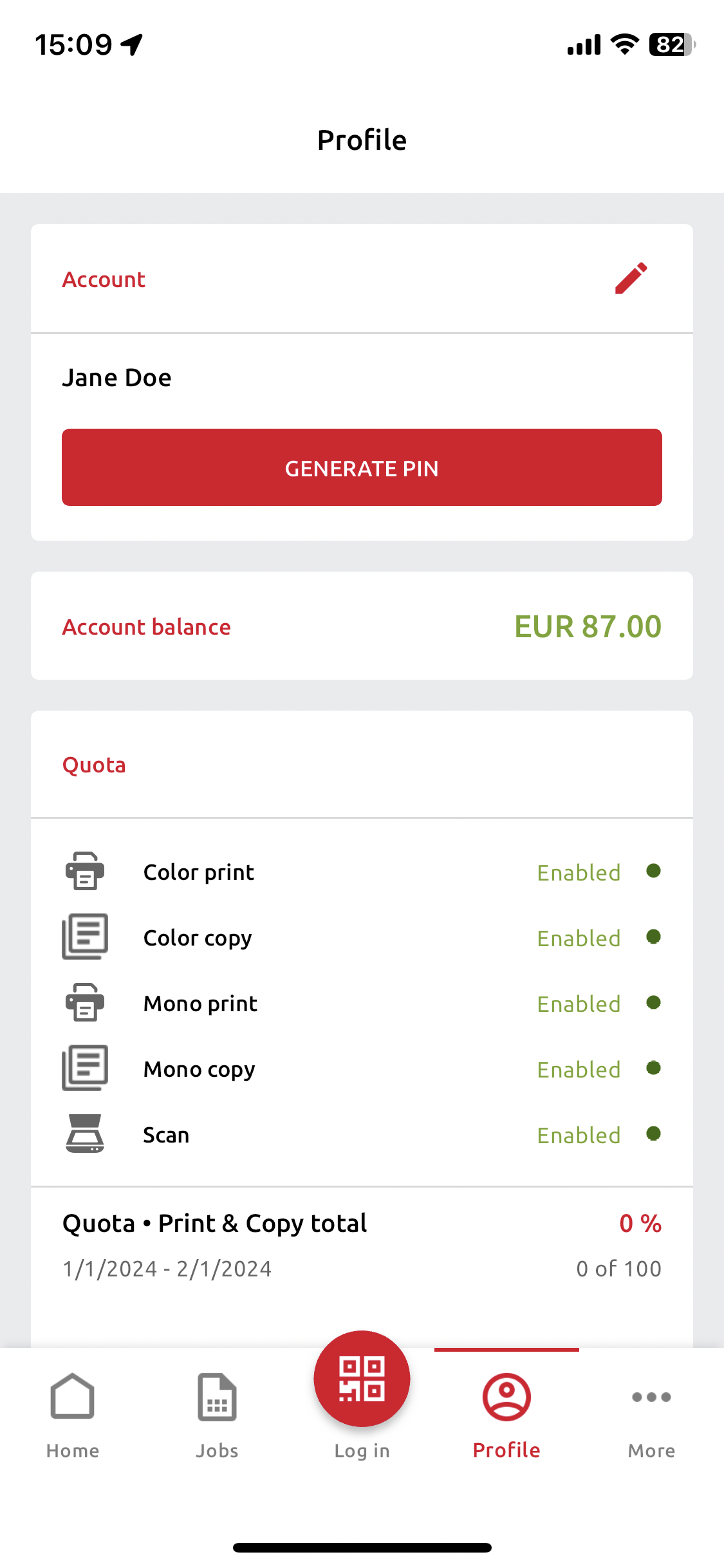 Quota information in the mobile application
