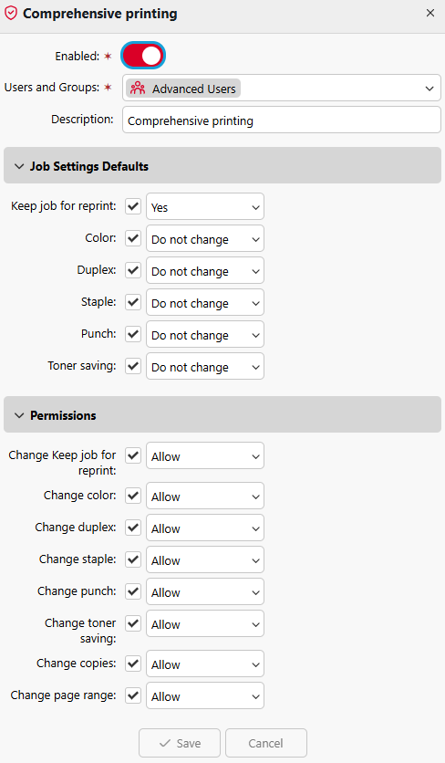 Comprehensive printing print job policy