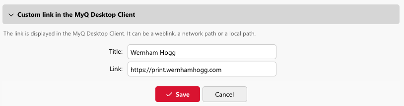MyQ Desktop Client custom link settings