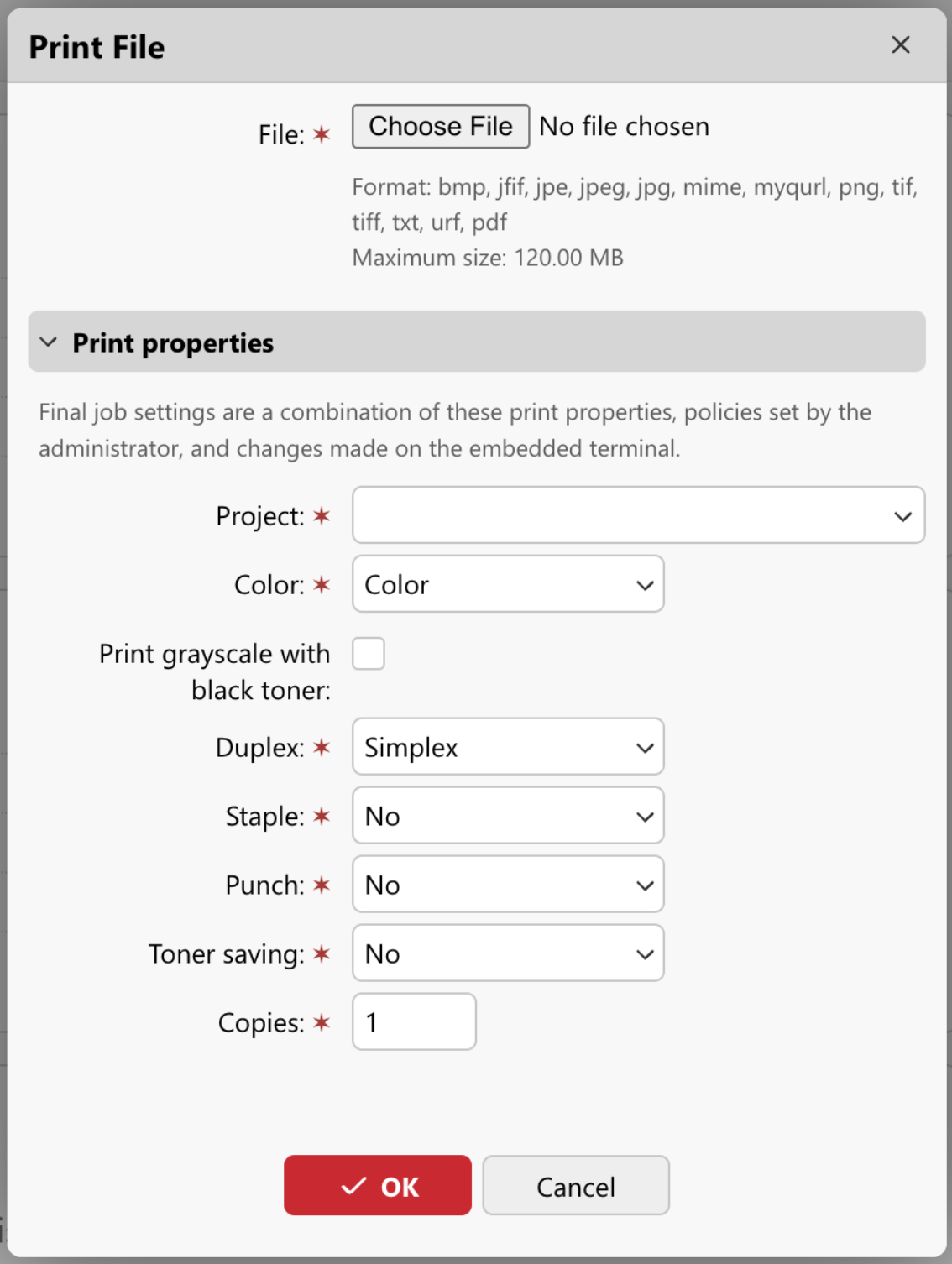 Document file upload for Web printing