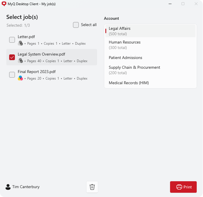 Assigning cost centers to pending print jobs
