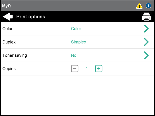 Selected job's print options