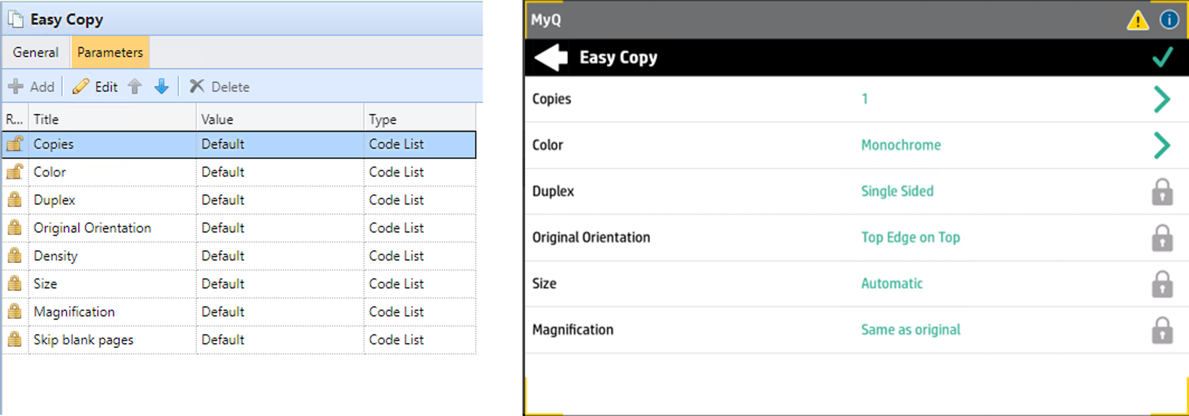 Easy Copy parameters in MyQ web UI, mapped to the terminal