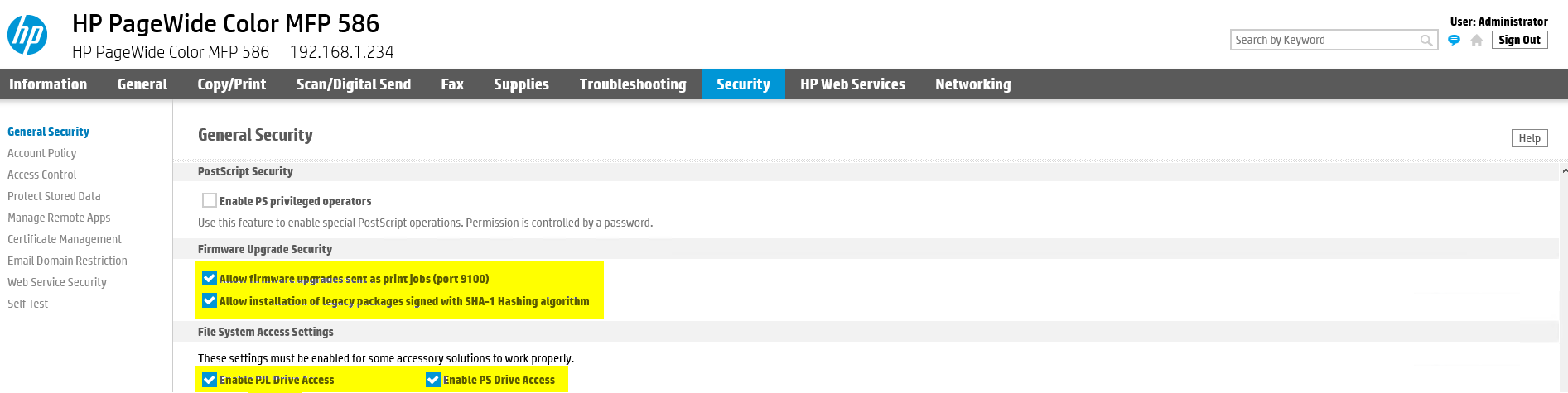 HP Web UI - Security settings