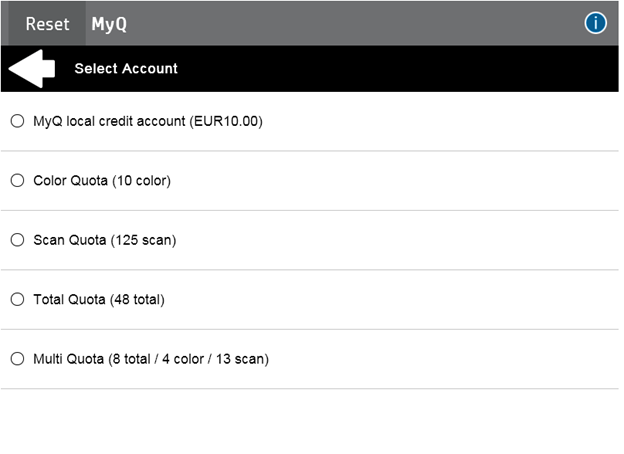 Available cost centers selection on the terminal