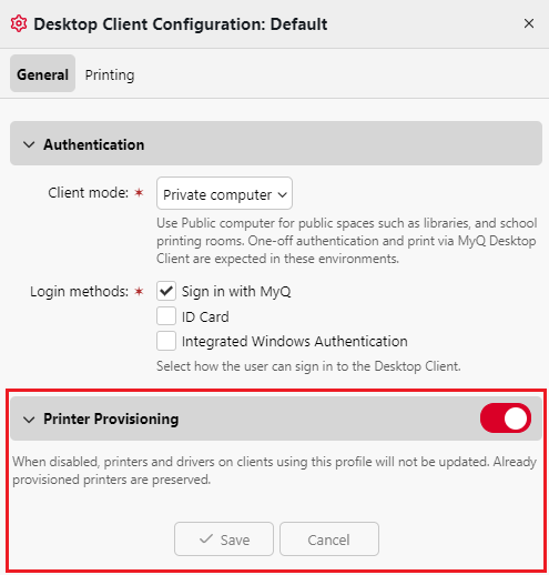 Printer provisioning enable or disable menu