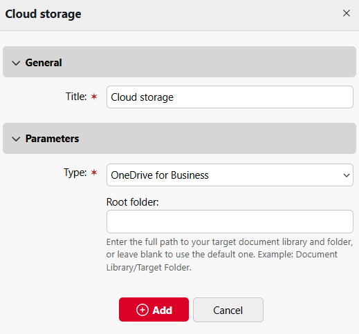 Print terminal action settings with the cloud storage source OneDrive for Business.