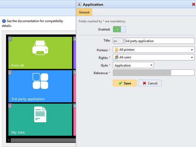 Application terminal action properties on the MyQ web admin UI